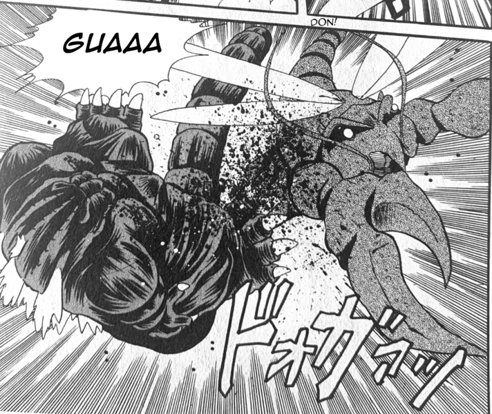File:'92 - '93 GKOTM Manga - Ebirah knocks Godzilla off his feet.png